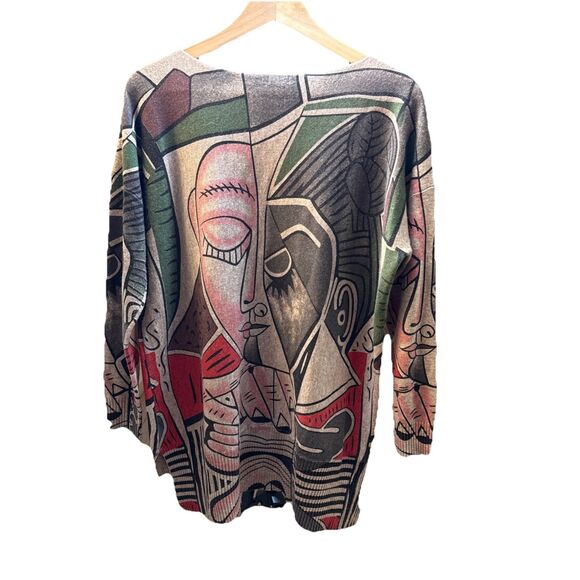 Shana Sweater Medium Abstract Face Print Art Pullover Drop Shoulder Taupe Multi - Picture 3 of 13